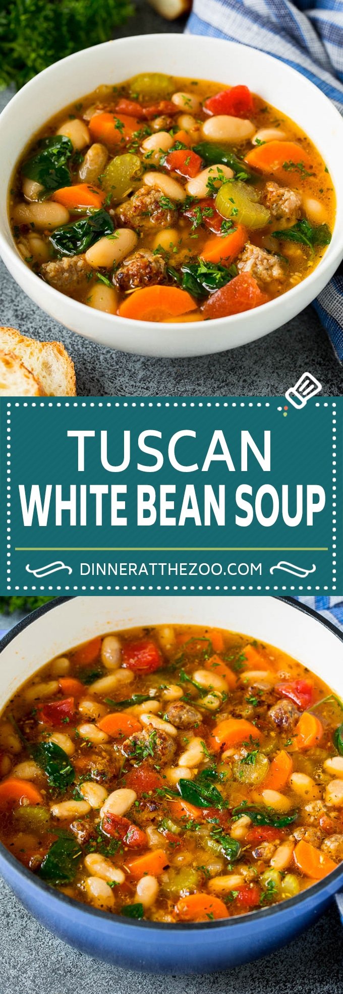 This Tuscan white bean soup is a hearty blend of Italian sausage, vegetables and beans, all simmered together in a savory tomato broth.