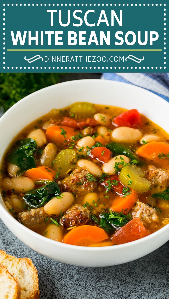 This Tuscan white bean soup is a hearty blend of Italian sausage, vegetables and beans, all simmered together in a savory tomato broth.