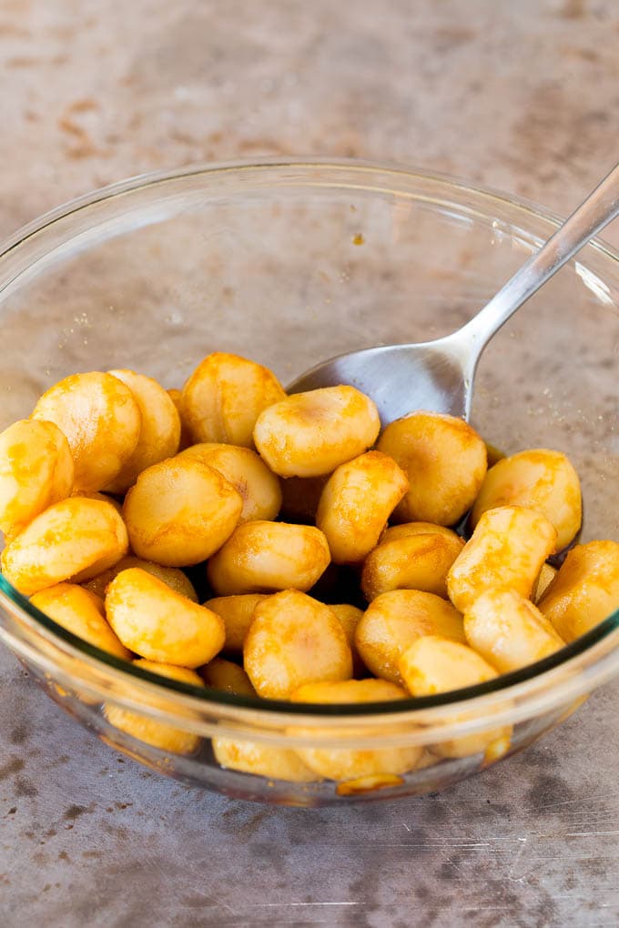 A bowl of marinated water chestnuts.