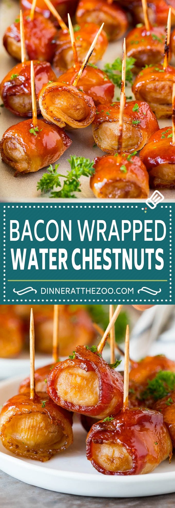 These bacon wrapped water chestnuts are crunchy marinated water chestnuts covered in bacon and a sweet and savory sauce, then baked to perfection.