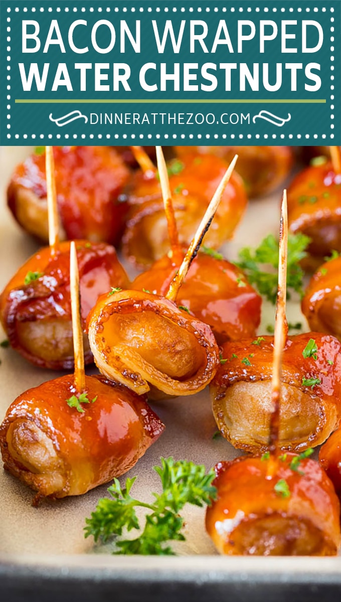 These bacon wrapped water chestnuts are crunchy marinated water chestnuts covered in bacon and a sweet and savory sauce, then baked to perfection.