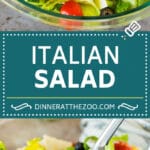 This Italian salad is a blend of fresh greens, cucumber, cherry tomatoes, olives, cheese and croutons, all tossed together in a homemade dressing.