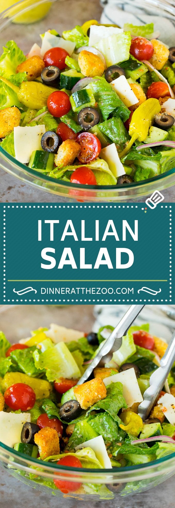 This Italian salad is a blend of fresh greens, cucumber, cherry tomatoes, olives, cheese and croutons, all tossed together in a homemade dressing.