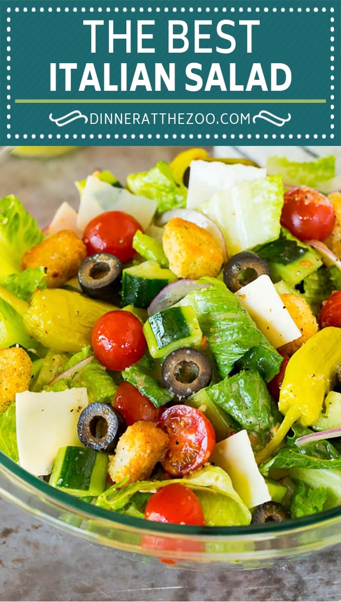 This Italian salad is a blend of fresh greens, cucumber, cherry tomatoes, olives, cheese and croutons, all tossed together in a homemade dressing.