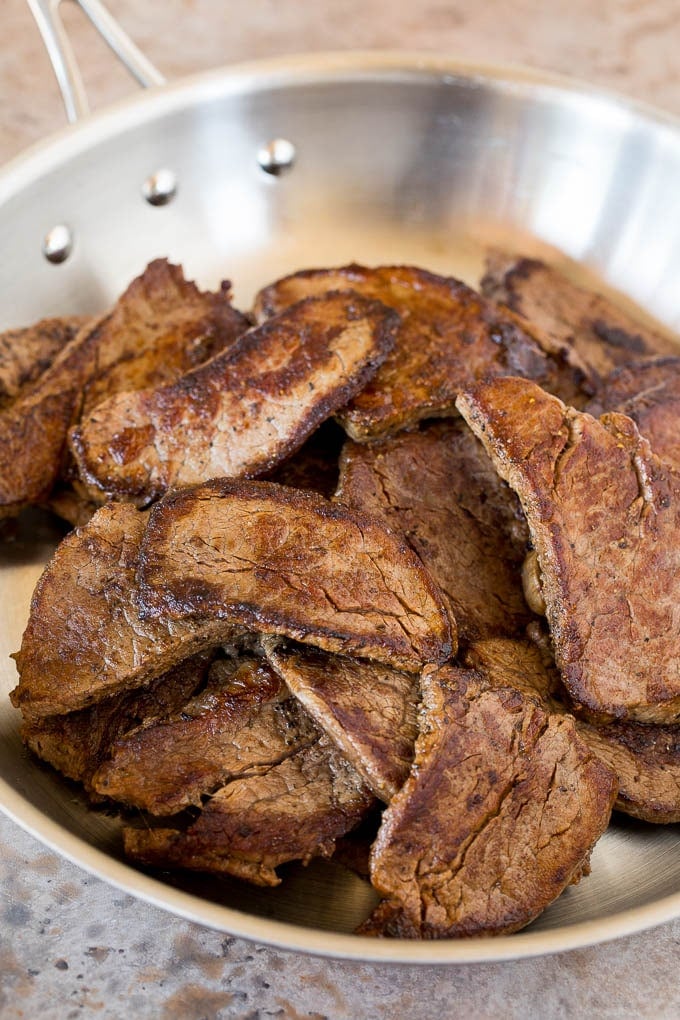 Sliced seared beef tenderloin.