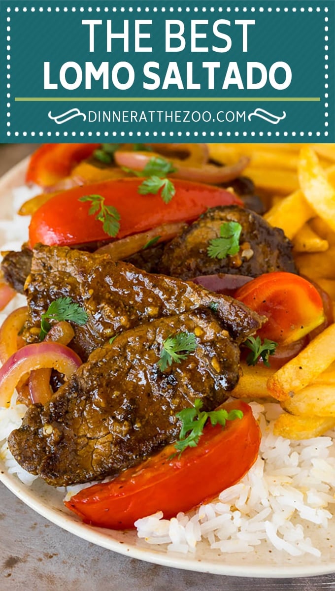 This lomo saltado is a classic Peruvian dish of tender beef that's stir fried with tomatoes and onions in a savory sauce, then served with french fries and steamed rice.
