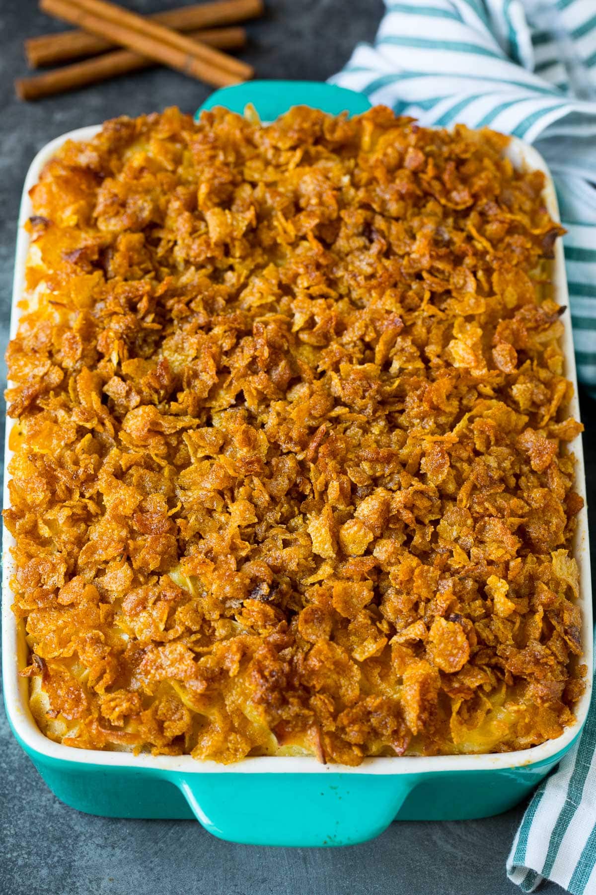 A noodle casserole baked with cornflakes on top.