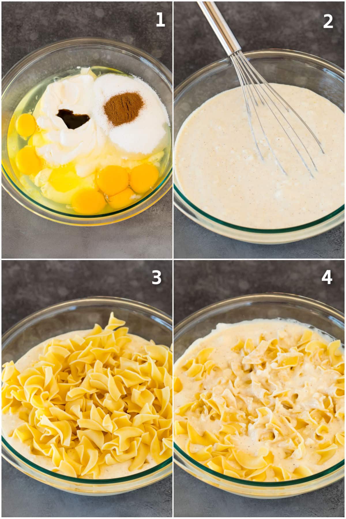 Process shots showing custard being made and noodles added to it.