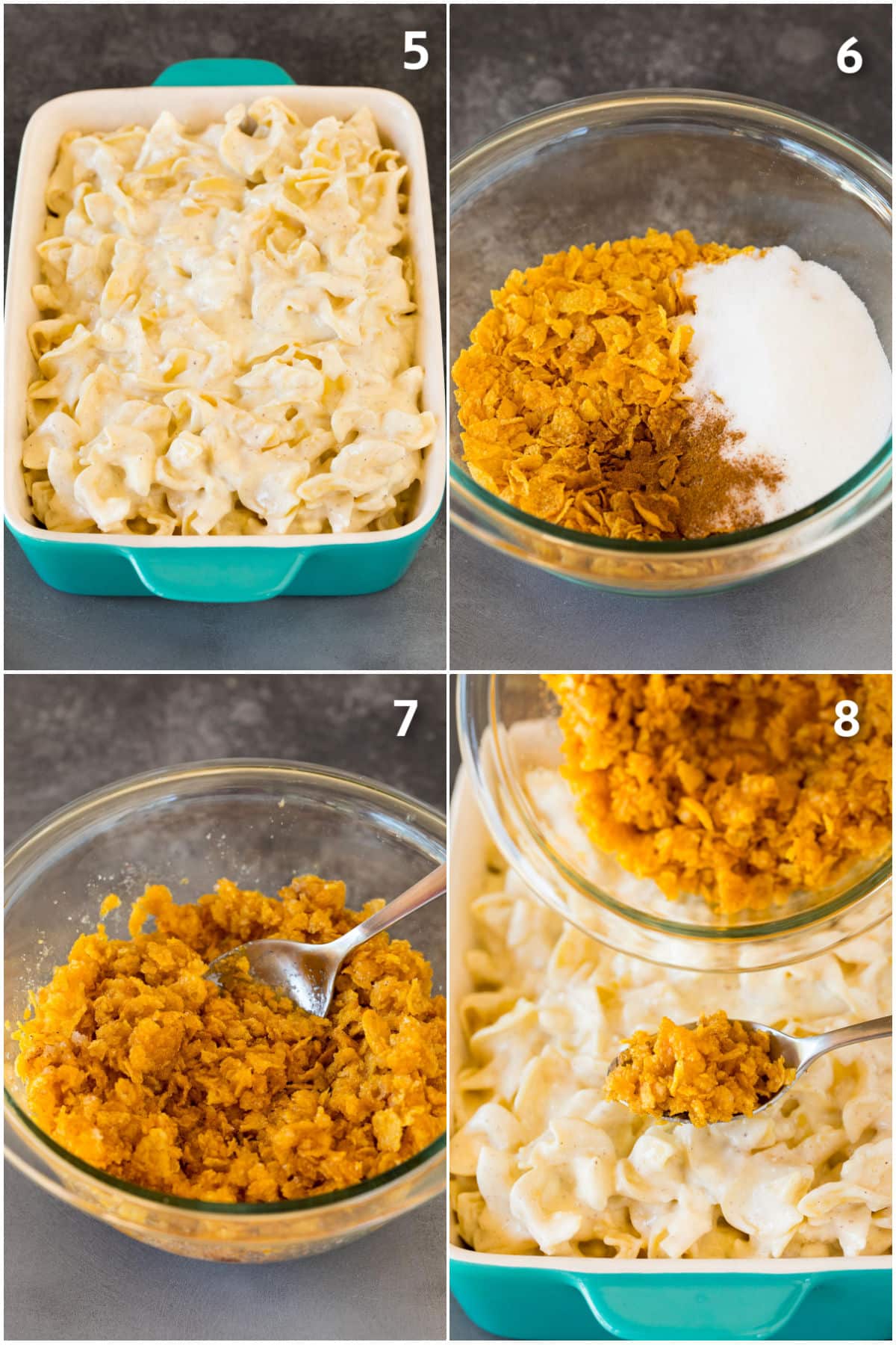 Step by step photos showing how to assemble noodle kugel.