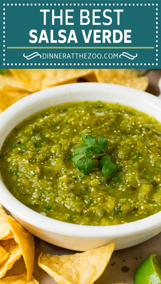 This homemade salsa verde is a combination of roasted chilies, tomatillos, garlic, cilantro and lime juice, all blended together to make a light and refreshing dip.