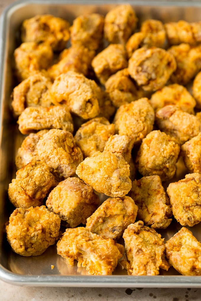 Breaded and fried pork pieces.