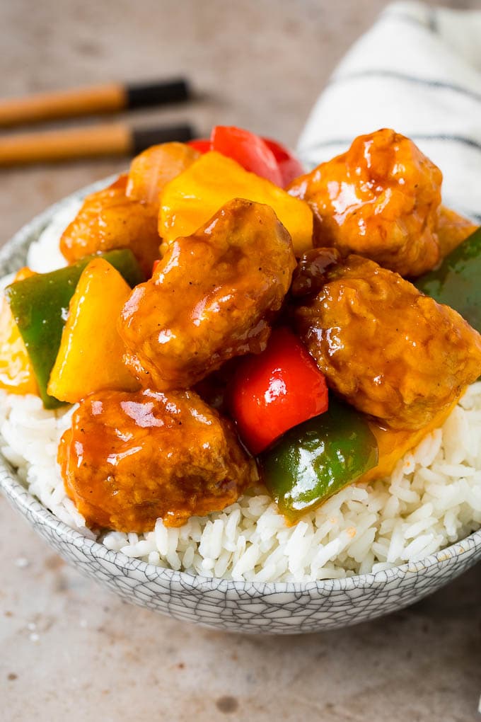 Sweet and sour pork served over rice.