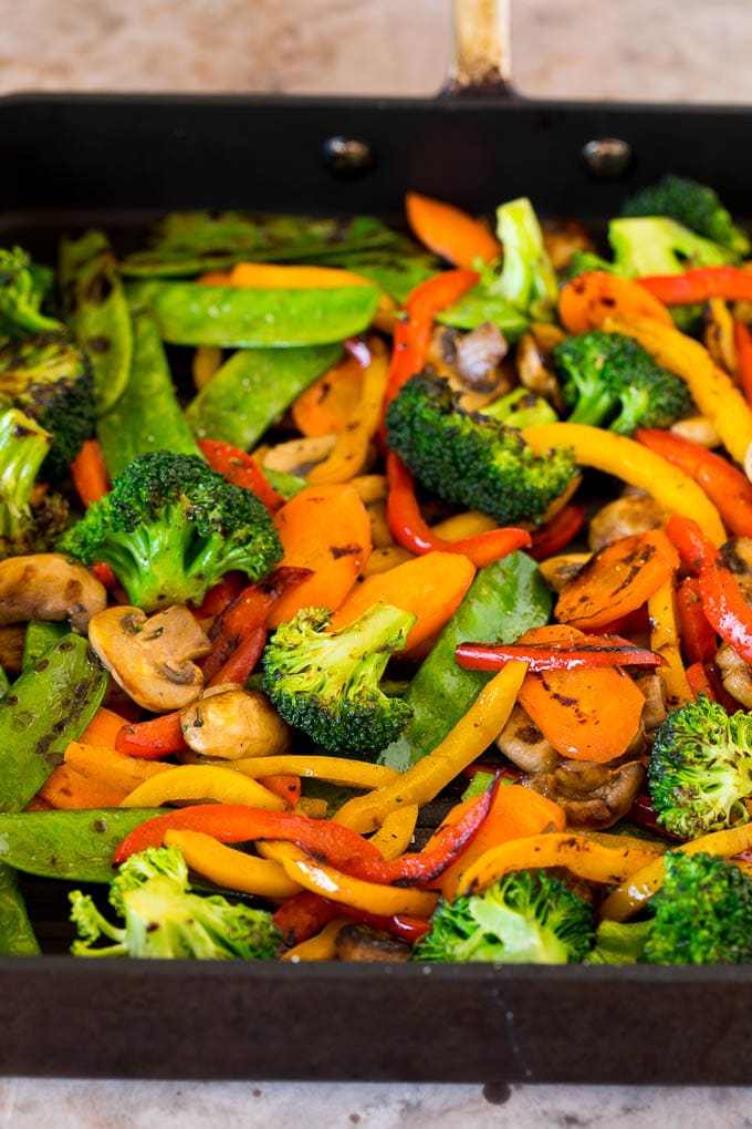 Cooked vegetables on a grill pan.