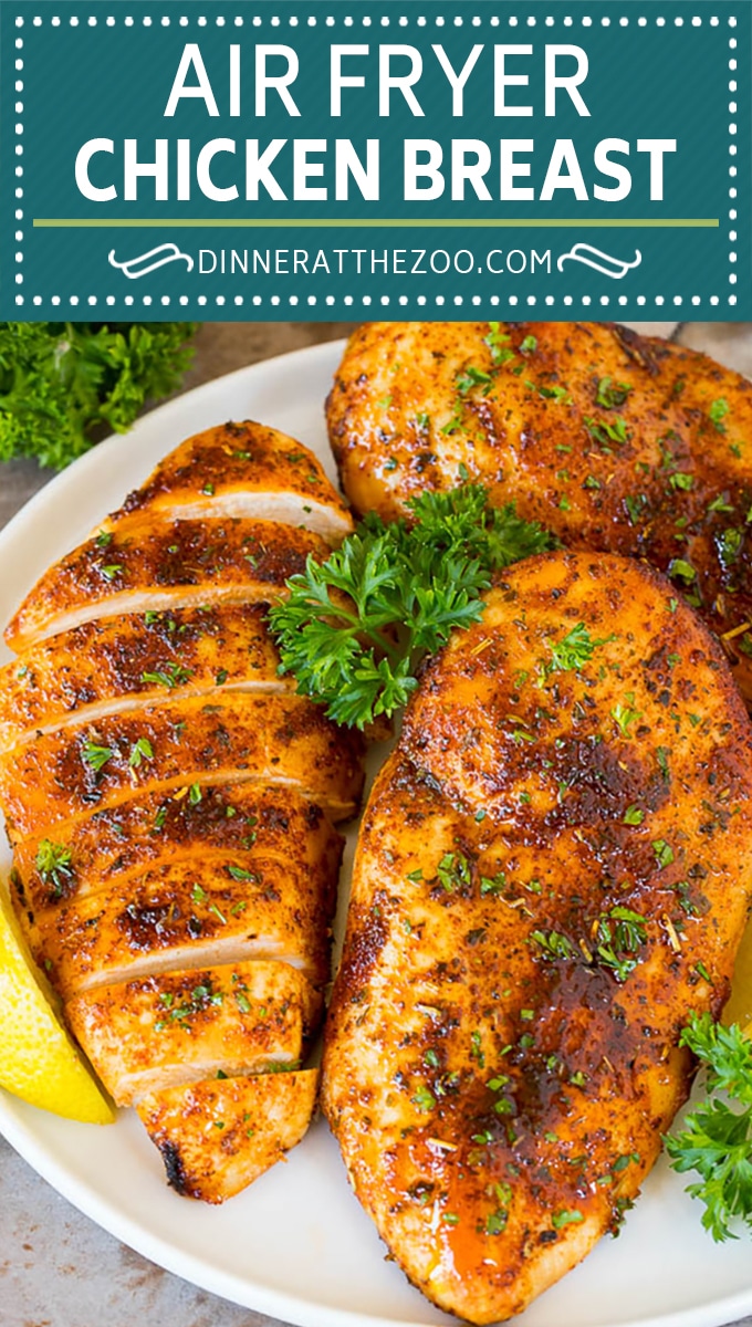 This air fryer chicken breast recipe consists of chicken coated in herbs and spices, then cooked to golden brown perfection.