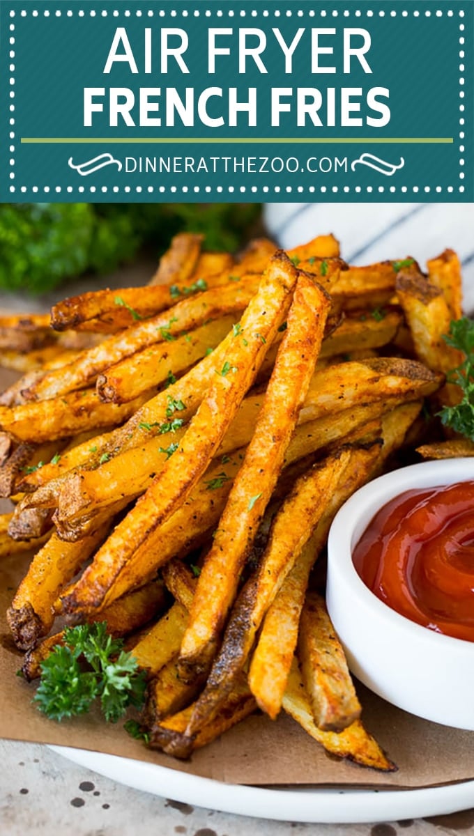 These air fryer french fries are potatoes cut into sticks and coated with oil and seasonings, then air fried to crispy brown perfection.