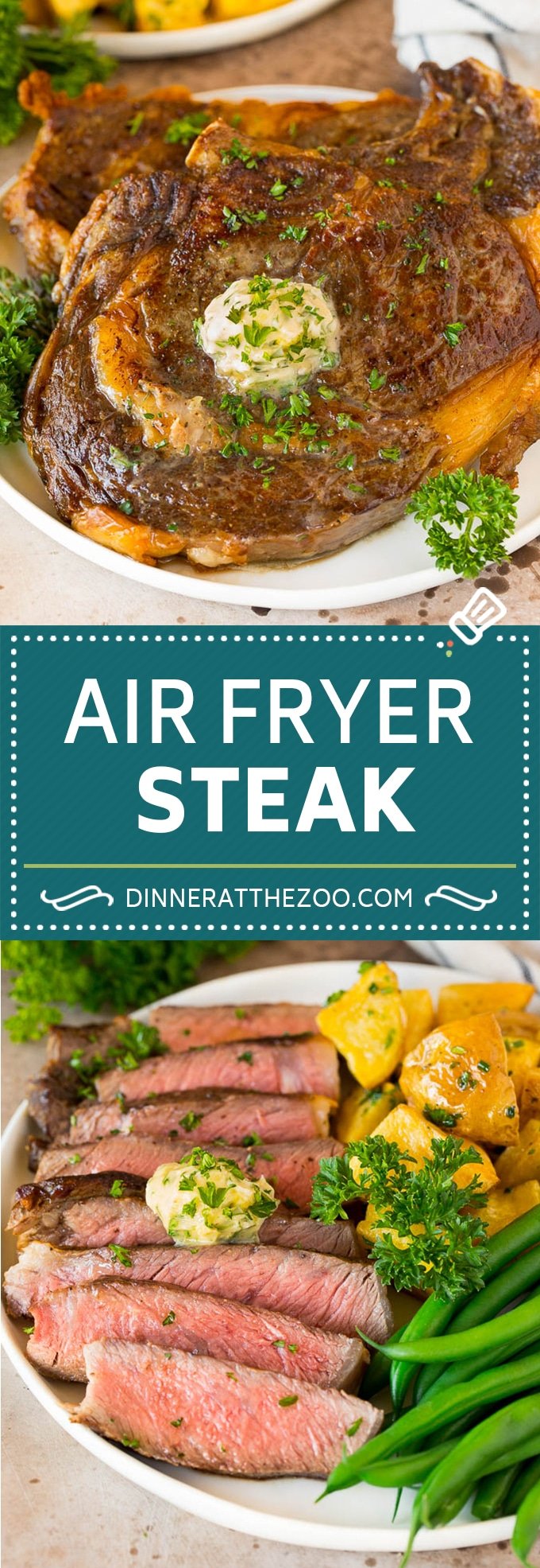 This air fryer steak is tender beef coated in seasonings, then air fried to golden brown perfection and topped with garlic and herb butter.