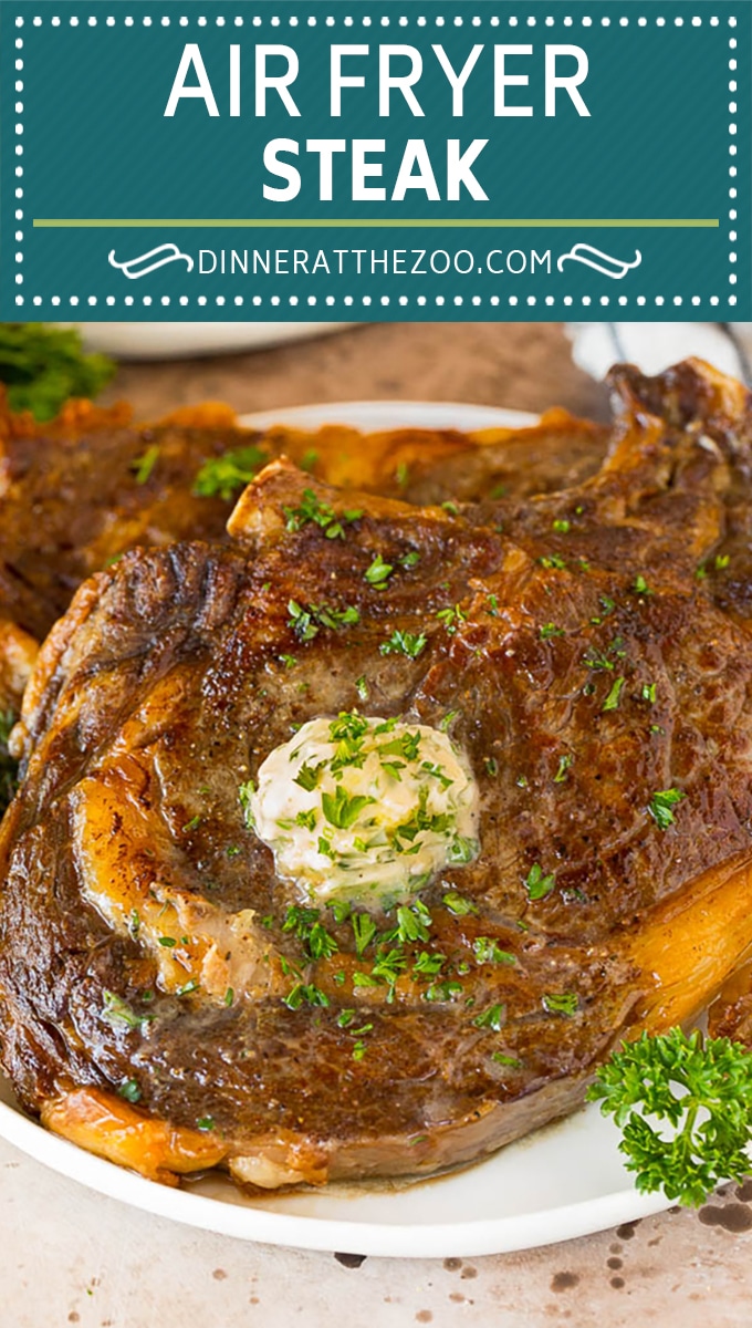 This air fryer steak is tender beef coated in seasonings, then air fried to golden brown perfection and topped with garlic and herb butter.