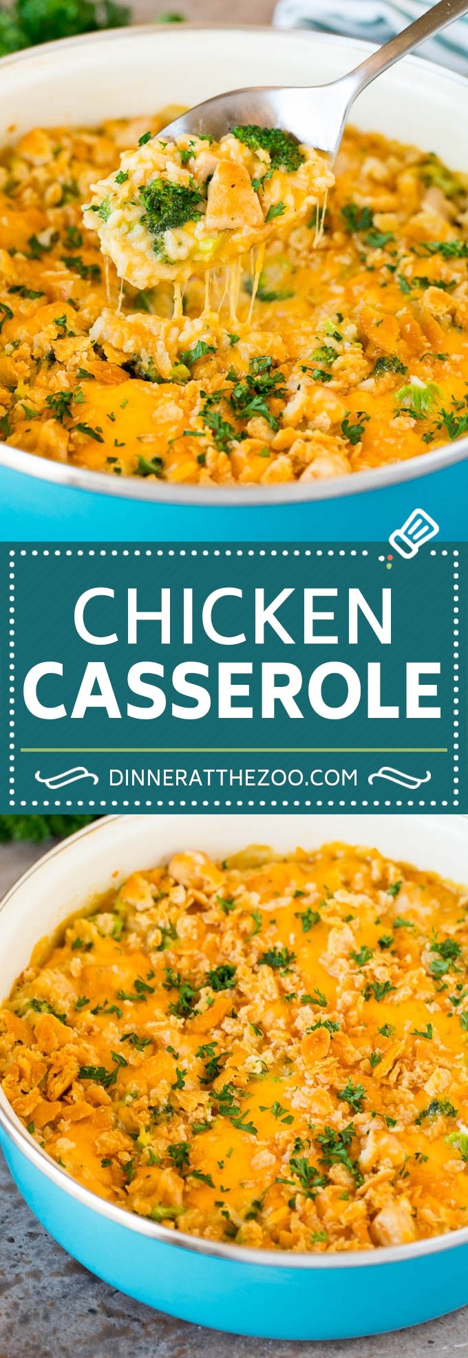 This chicken broccoli casserole is a one pot meal with sauteed chicken, rice, broccoli florets and cheese, finished off with a crunchy topping.