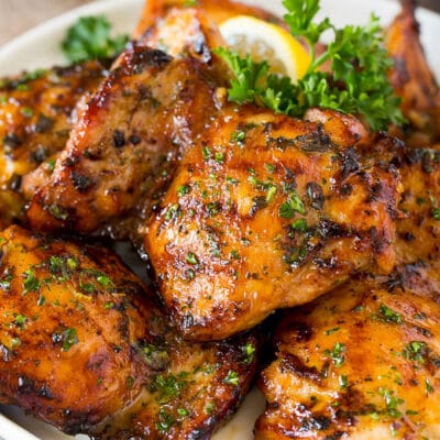 Chicken thigh marinade that's grilled onto chicken pieces.