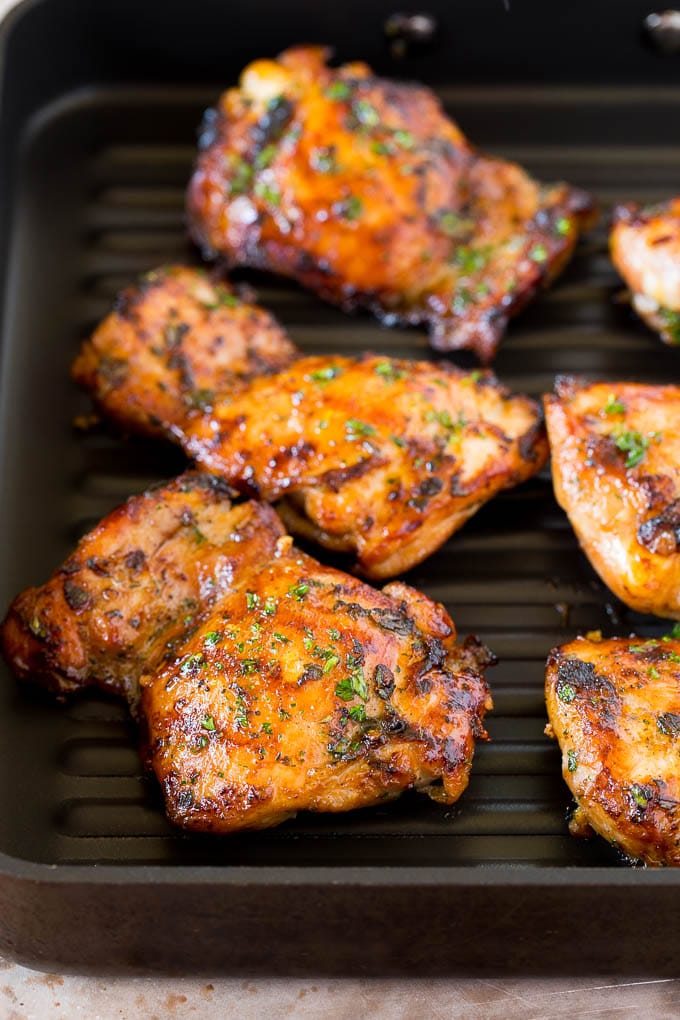 Chicken on a grill pan.