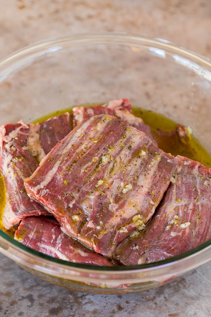 Skirt steak in an olive oil and citrus marinade.
