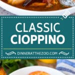 This cioppino is a seafood stew made with fish, crab, shrimp, clams and mussels, all simmered together in a tomato based broth.