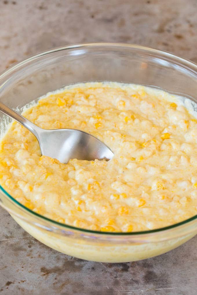 Cornbread batter in a mixing bowl.