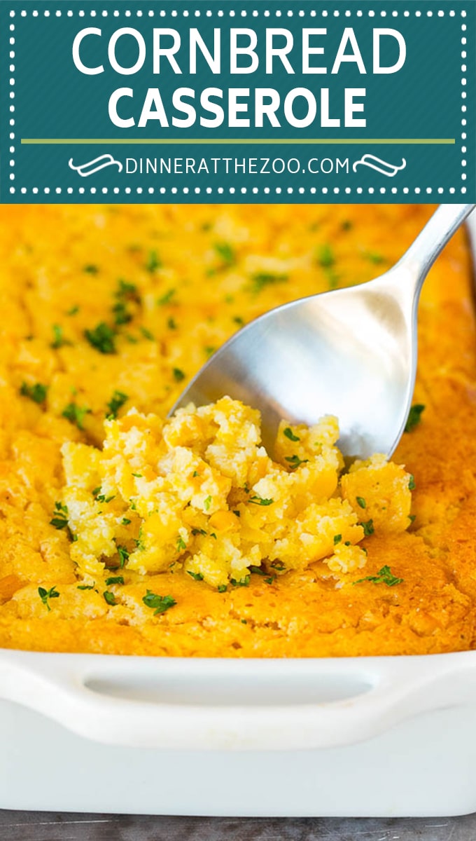 This cornbread casserole is a blend of corn muffin mix, canned corn, creamed corn, seasoning, eggs and butter, all baked together to make a hearty dish.
