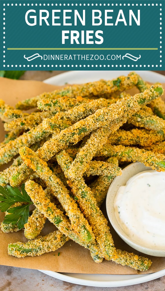 These green bean fries are fresh green beans coated in seasoned breadcrumbs and parmesan cheese, then baked to golden brown perfection.