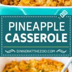 This Southern pineapple casserole is pineapple, cheese and buttery crackers, all baked together to create a sweet and savory side dish.