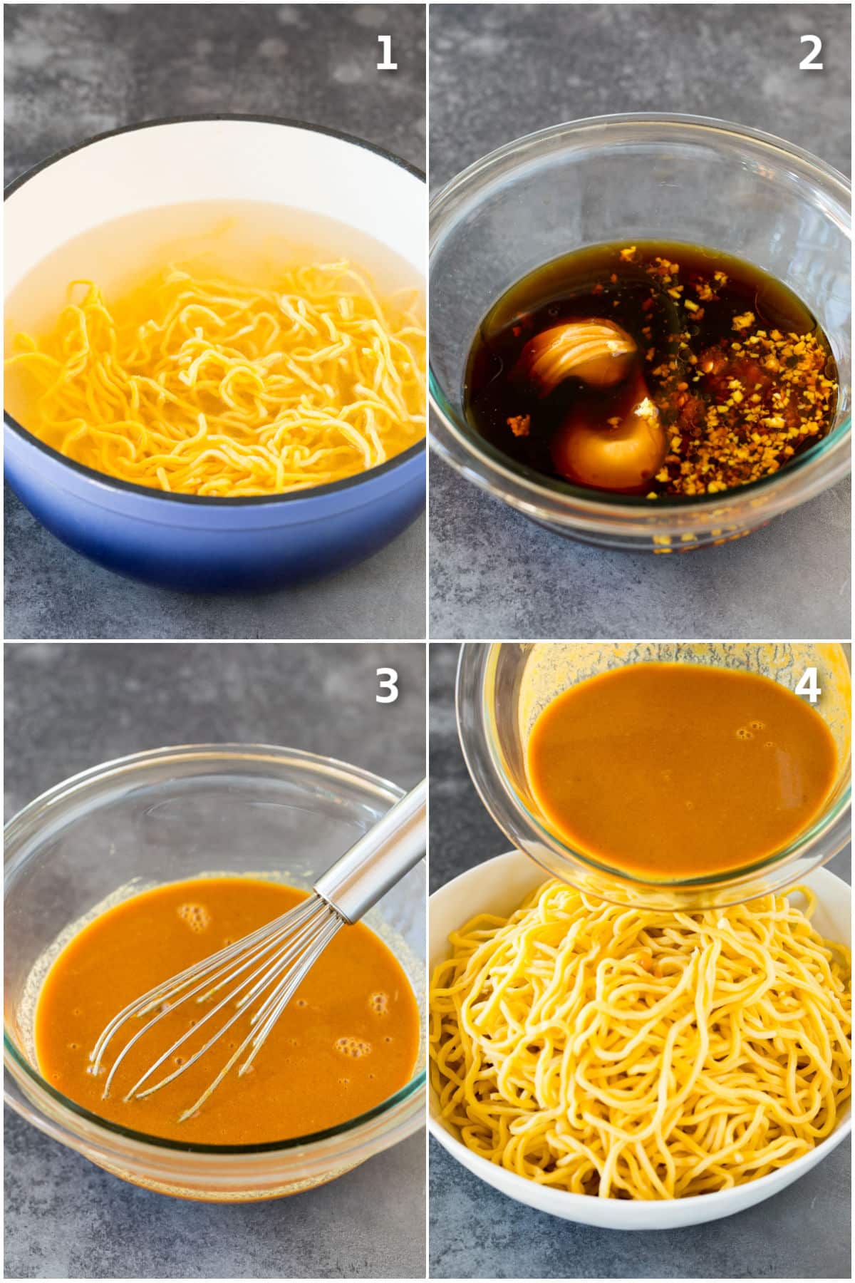Process shots showing how to cook noodles and sesame sauce and combine the two.
