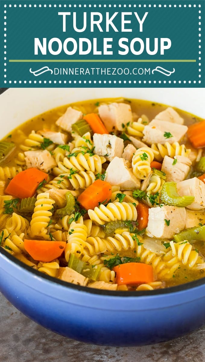This turkey noodle soup is chunks of turkey, vegetables and pasta, all simmered together in a homemade broth.