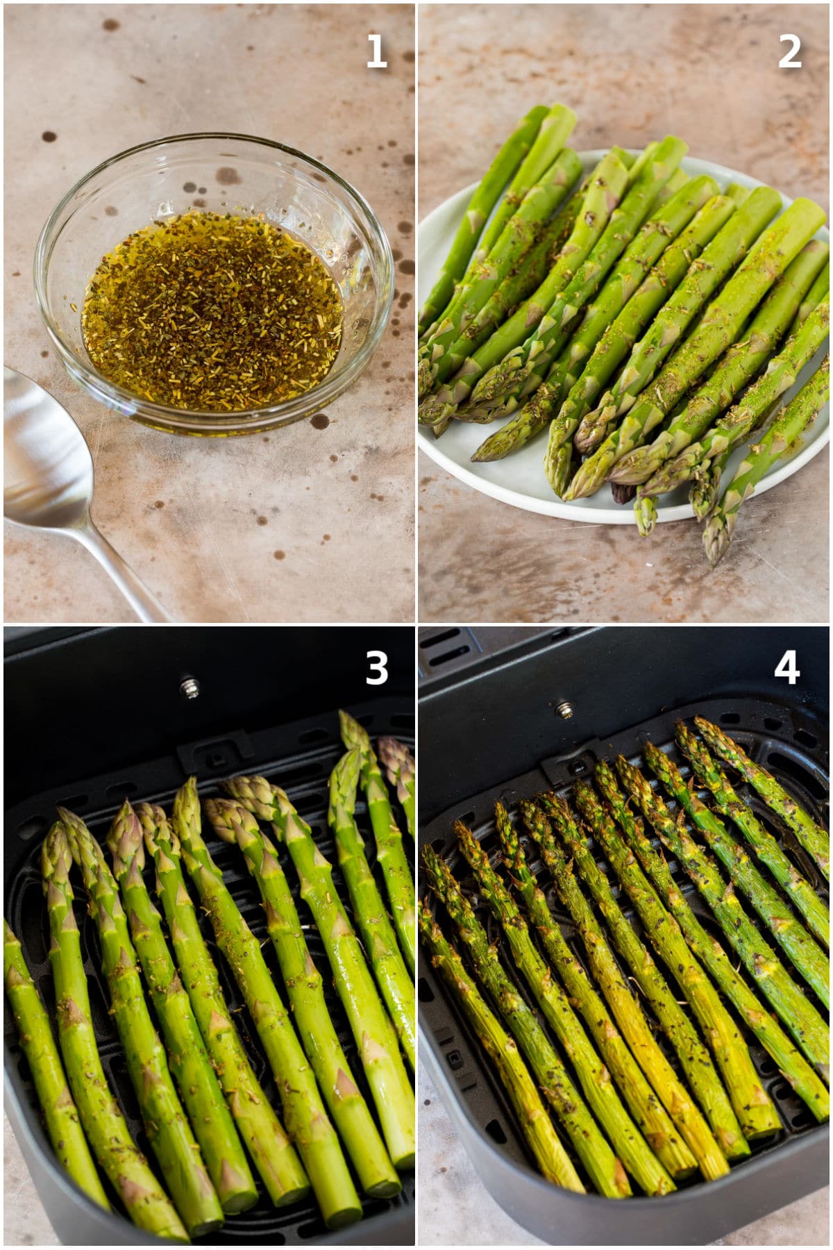 Step by step shots showing how to air fry asparagus.