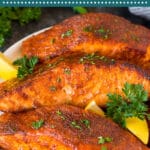 This air fryer salmon is fresh fish fillets topped with a homemade spice rub, then cooked to golden brown perfection.