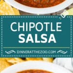 This chipotle salsa is a blend of fire roasted tomatoes, onion, chipotle peppers, cilantro and lime juice, all mixed together to make a smoky and spicy salsa.