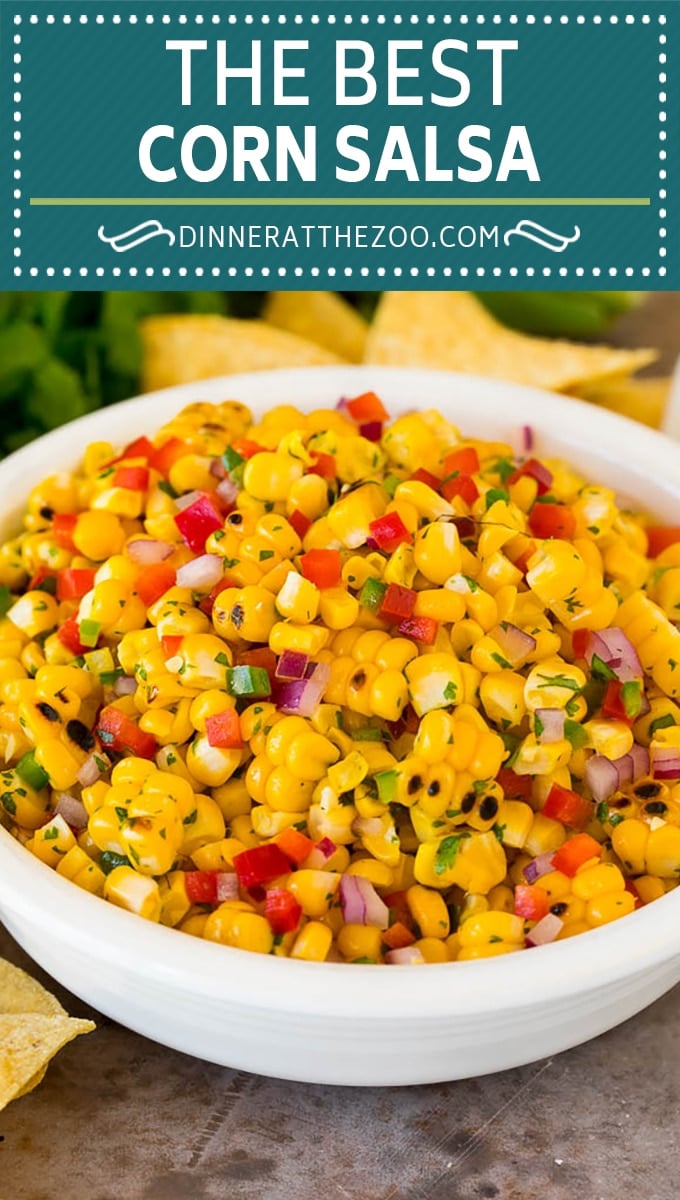 This corn salsa is fresh corn kernels combined with lime juice, cilantro, red onion and two types of peppers to make a light and refreshing dip.