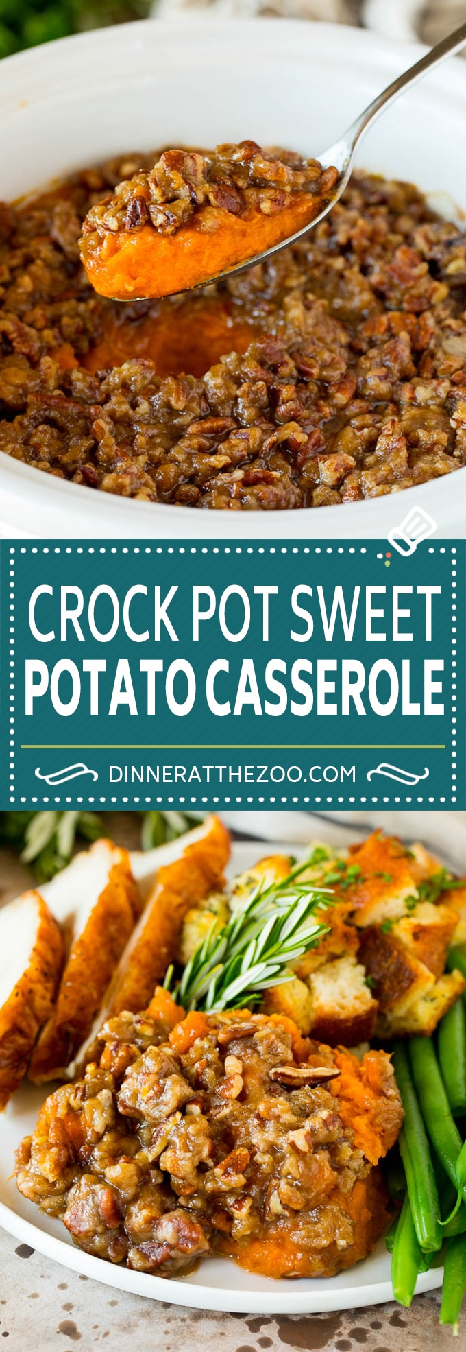 This crock pot sweet potato casserole is yams mashed with sweetener, vanilla and spices, then finished off with a brown sugar pecan topping.