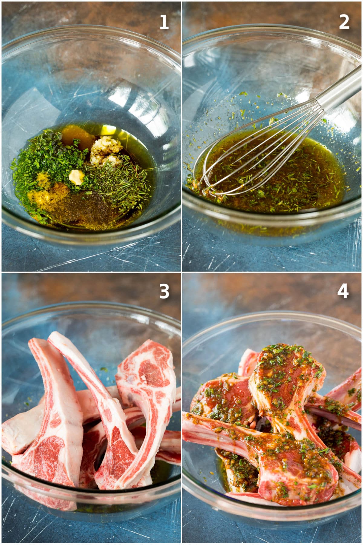 Step by step shots showing how to marinate lamb chops.