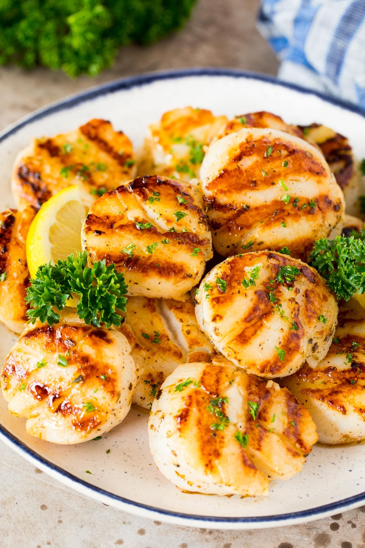 A plate of grilled scallops garnished with parsley and lemon.