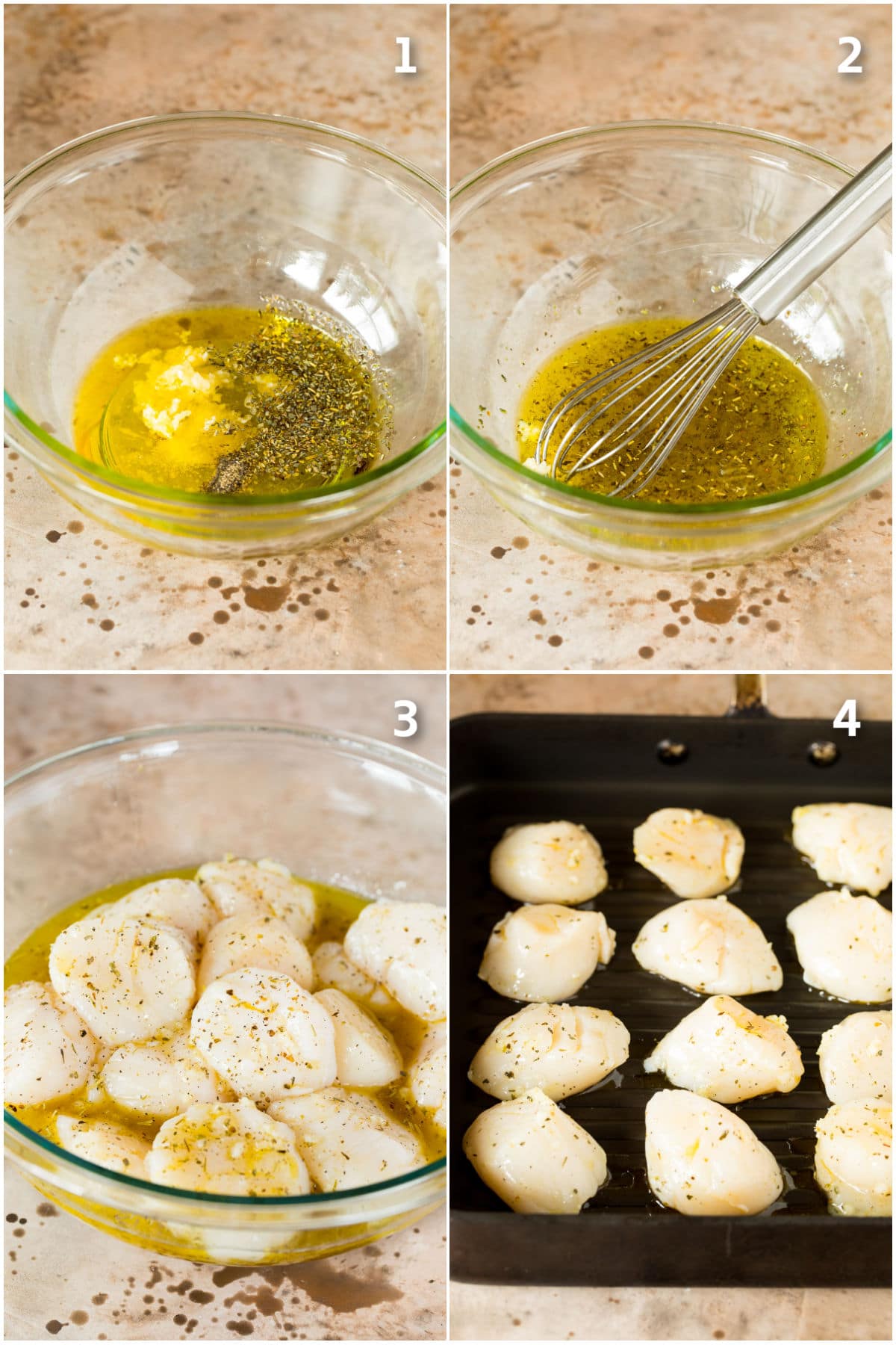 Step by step shots showing how to marinate and grill scallops.
