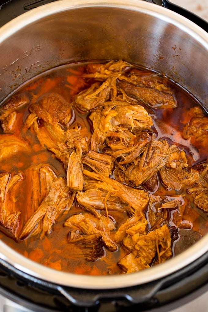Shredded pork and sauce in the Instant Pot.