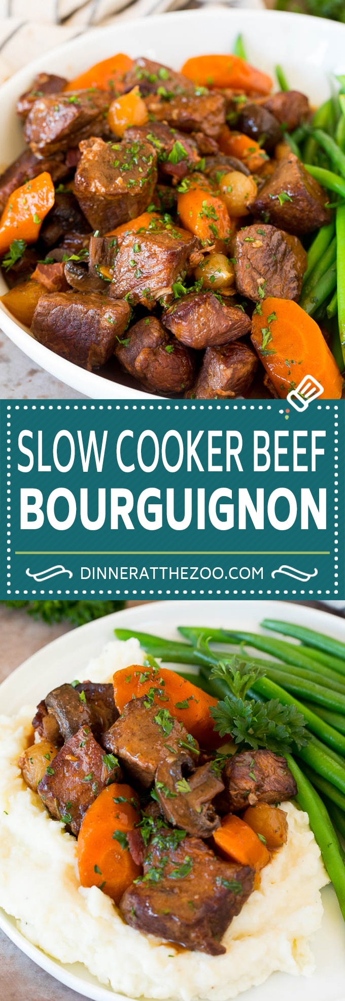 This slow cooker beef bourguignon is tender beef chunks, bacon, mushrooms, carrots and pearl onions, all simmered together in a rich red wine broth.