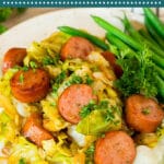 This cabbage and sausage skillet is a combination of smoked sausage, vegetables and savory seasonings, all cooked together to make a quick and easy dinner.