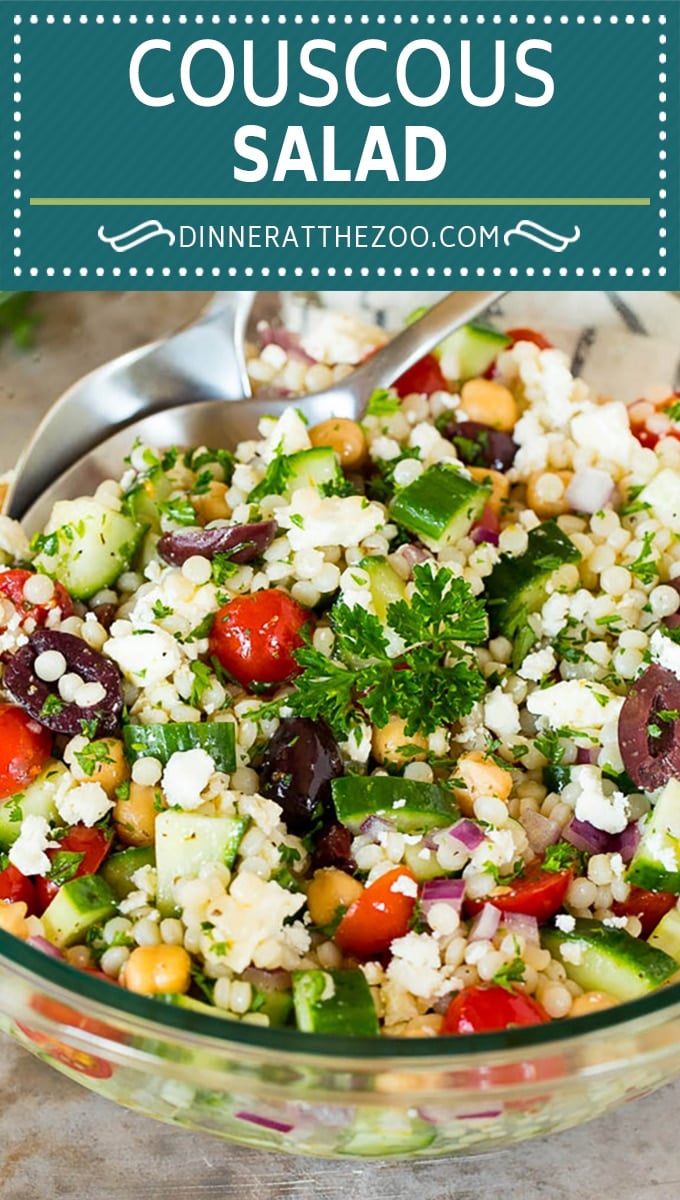 This Mediterranean couscous salad is pearl couscous with vegetables and feta cheese, all tossed in a homemade dressing.