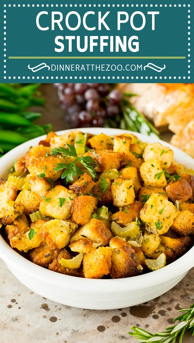This crock pot stuffing is a mix of bread cubes, sauteed vegetables and seasonings, all placed in the slow cooker to create a flavorful and delicious side dish.