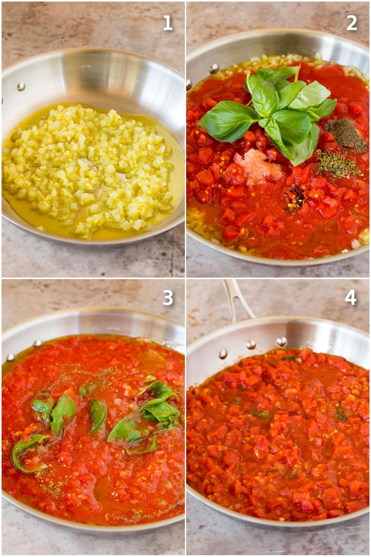Process shots showing how to make marinara sauce.