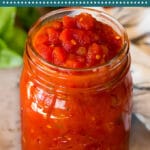 This homemade marinara sauce is a blend of tomatoes, basil, garlic, olive oil and herbs, all simmered together.
