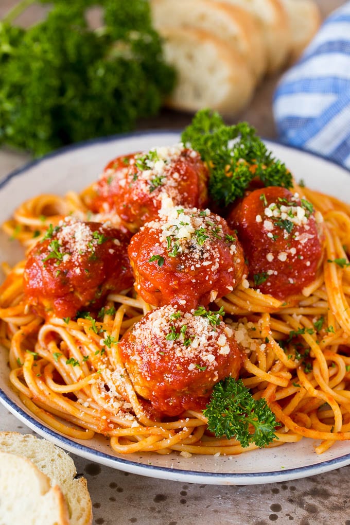 Italian meatballs served over spaghetti.