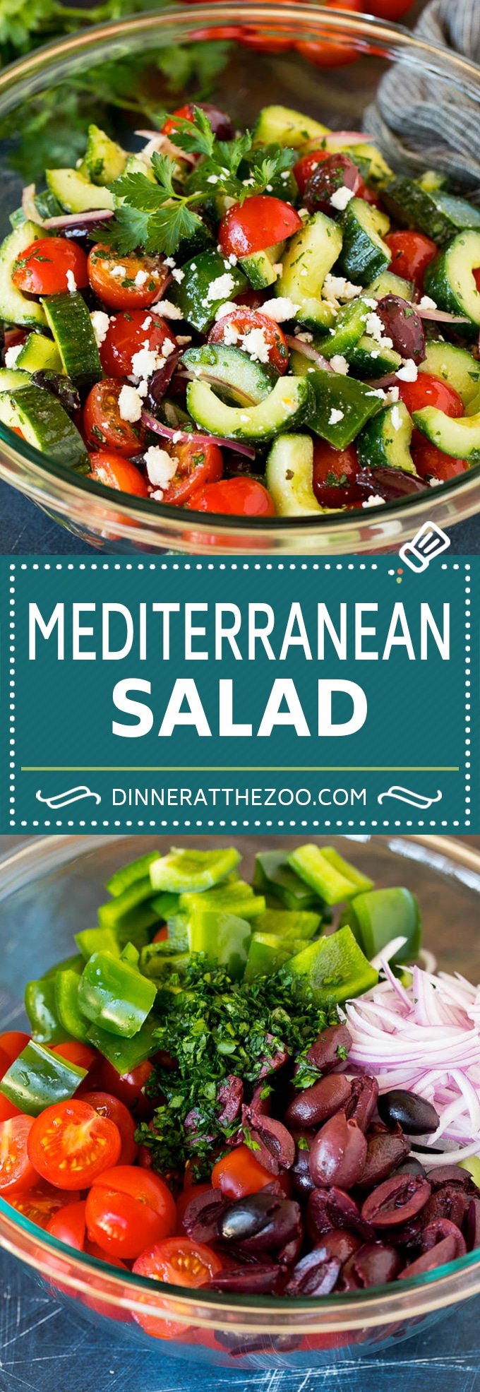 This Mediterranean salad is a blend of tomatoes, cucumbers, bell peppers, red onion, olives and feta, all tossed together in a homemade dressing.