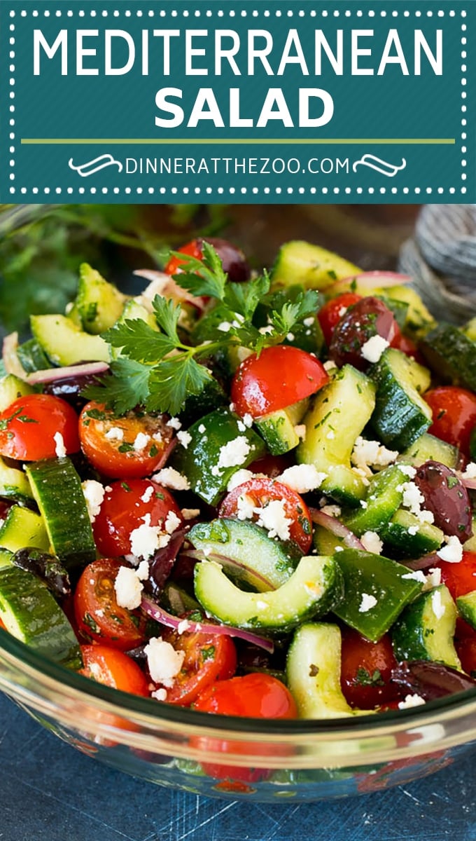 This Mediterranean salad is a blend of tomatoes, cucumbers, bell peppers, red onion, olives and feta, all tossed together in a homemade dressing.